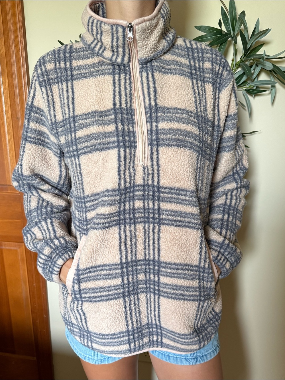 Pink Lily Cozy Plaid Half-Zip Sherpa Pullover